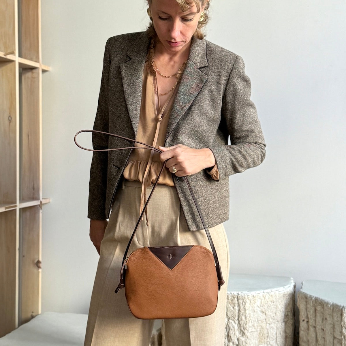 tan leather love bag model