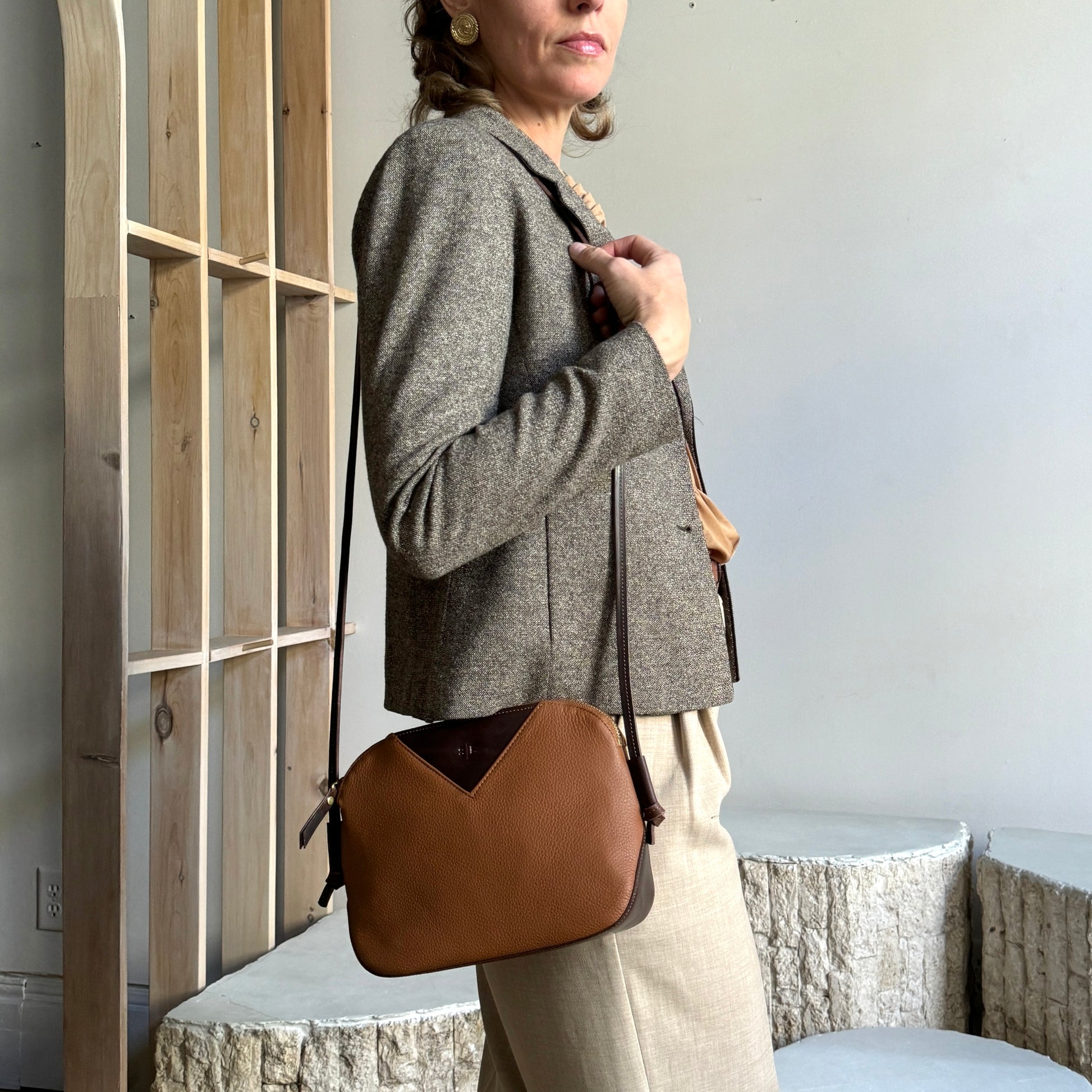 tan leather love bag model