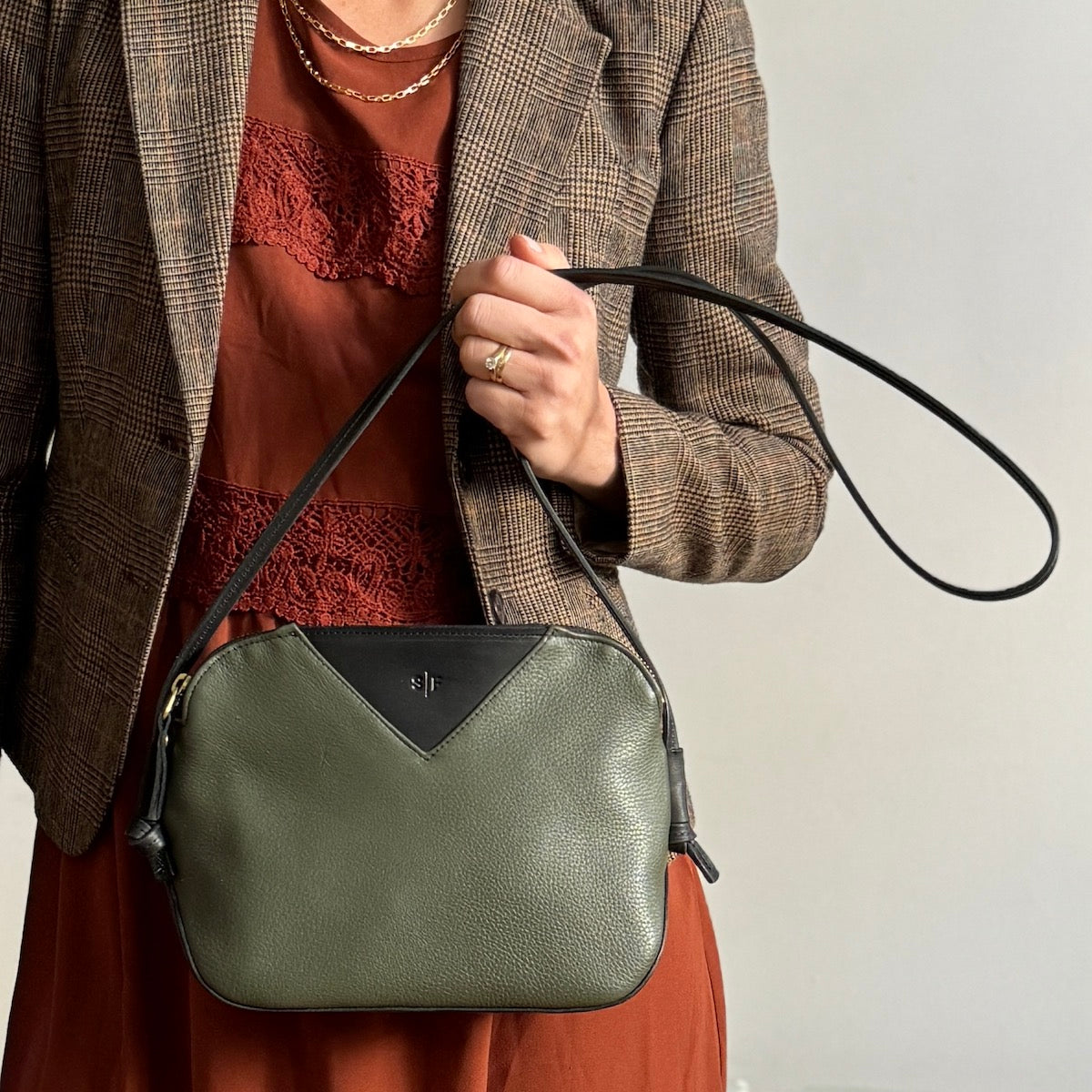 olive leather love bag model