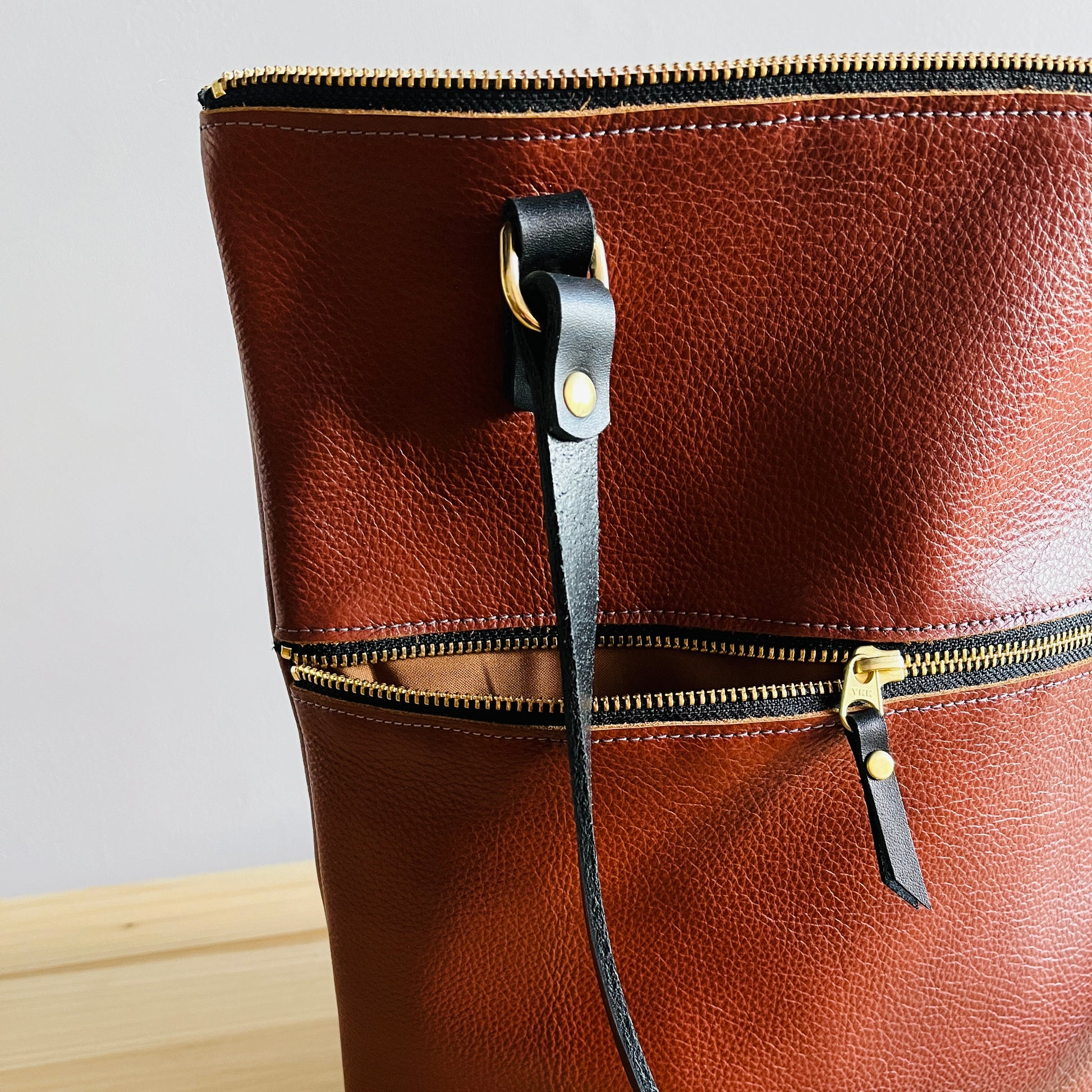 detail on Cognac Leather bag by Suzanne Faris