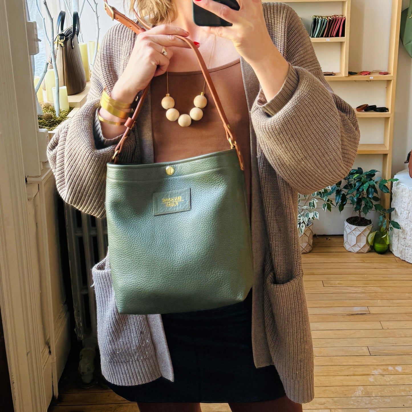 Leather Snap Bag - Dark Olive