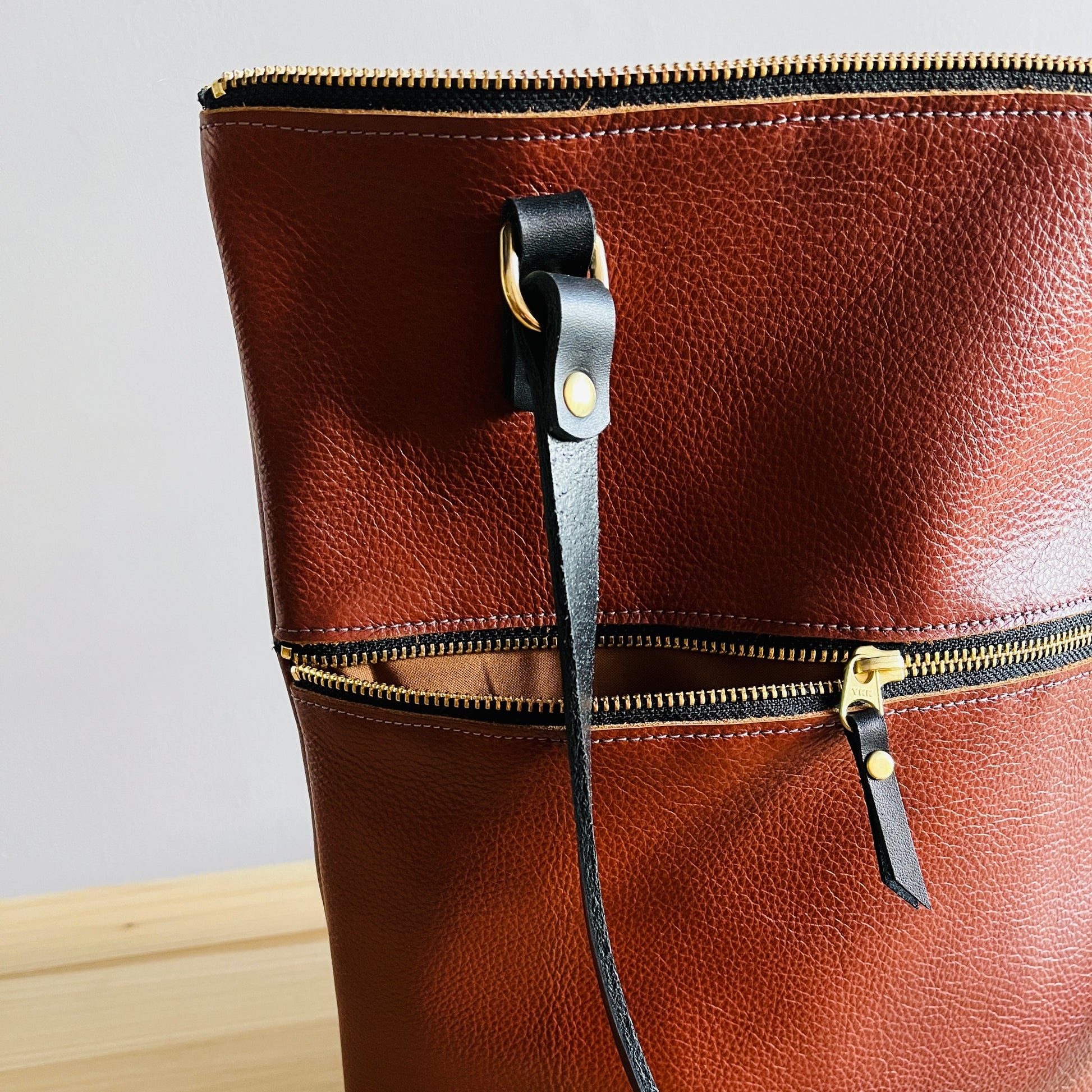 detail on Cognac Leather bag by Suzanne Faris