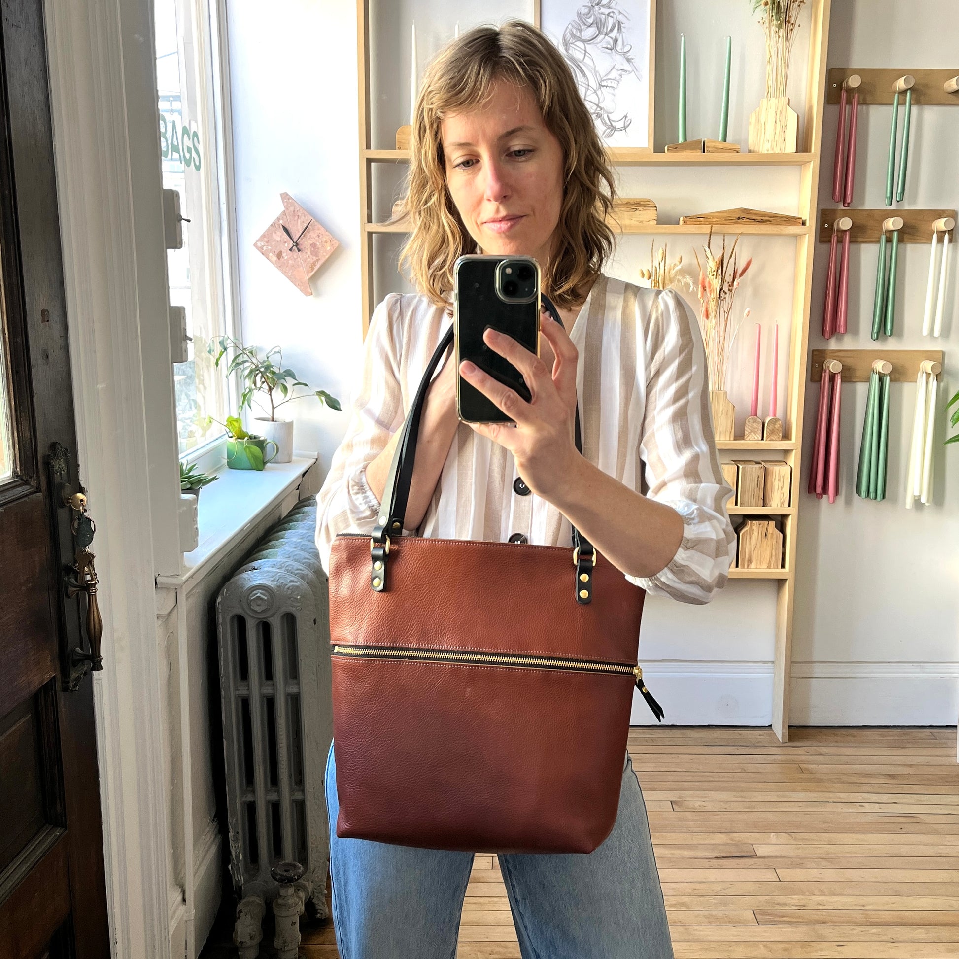 Cognac Leather bag with Suzanne Faris